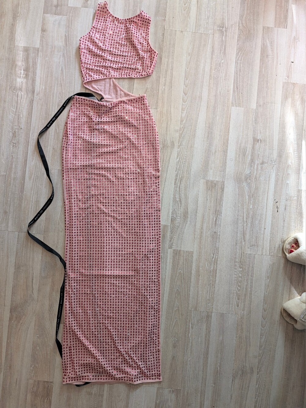 NWT White Fox Bedazzled Pink Maxi Dress with Cutout Waist